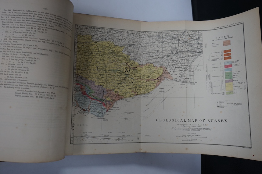 Dixon, Frederick - The Geology and Fossils of the Tertiary and Cretaceous Formations, 1st edition, large 4to, original blind-stamped cloth, half-title, 45 engraved and lithographed plates (3 hand-coloured, including fron